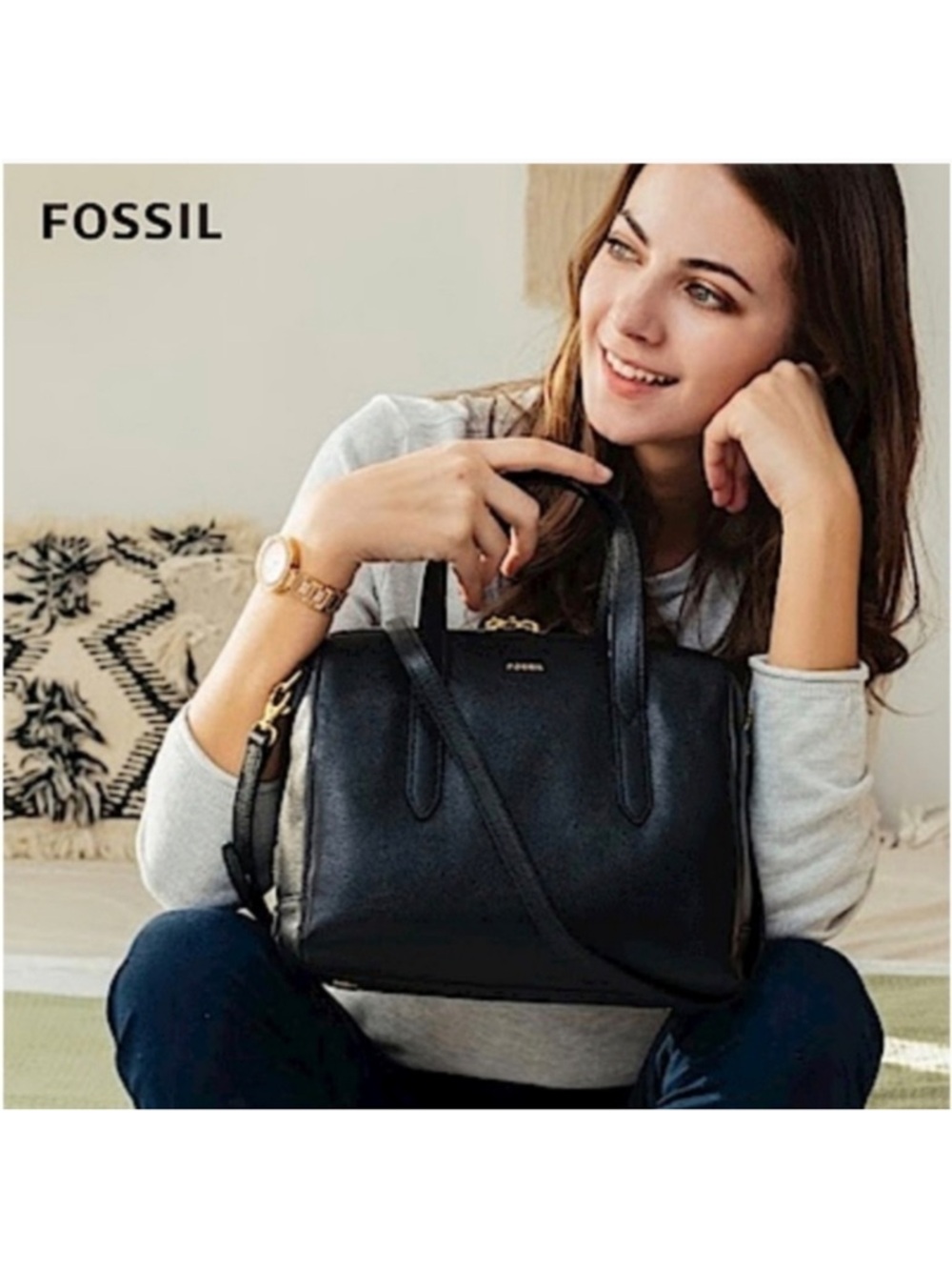 FOSSIL Sydney Black Pebbled Leather Satchel Purse Handbag Gold Hardware - Picture 3 of 14